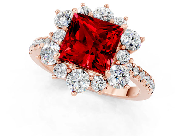 Rose gold Princess Cut Ruby Floral Halo Ring with Round Pavé Band and Prong Setting