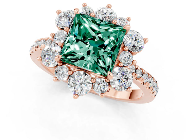 Rose gold Princess Cut Green Sapphire Floral Halo Ring with Round Pavé Band and Prong Setting
