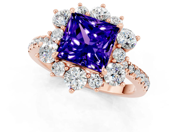 Rose gold Princess Cut Tanzanite Floral Halo Ring with Round Pavé Band and Prong Setting