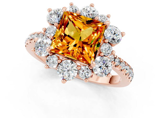 Rose gold Princess Cut Citrine Floral Halo Ring with Round Pavé Band and Prong Setting