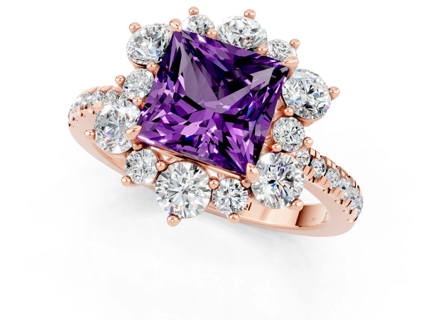 Rose gold Princess Cut Amethyst Floral Halo Ring with Round Pavé Band and Prong Setting