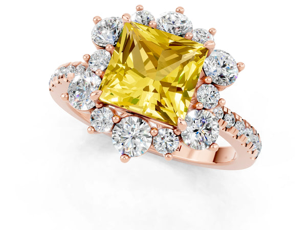 Rose gold Princess Cut Yellow Sapphire Floral Halo Ring with Round Pavé Band and Prong Setting