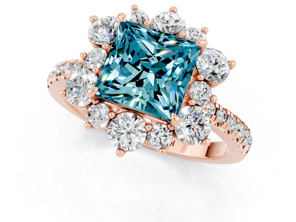 Rose gold Princess Cut Cut Diamond Floral Halo Pave Band with Prong Setting