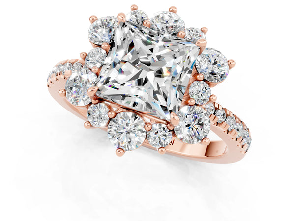 Rose gold Princess Cut Moissanite Floral Halo Ring with Round Pavé Band and Prong Setting