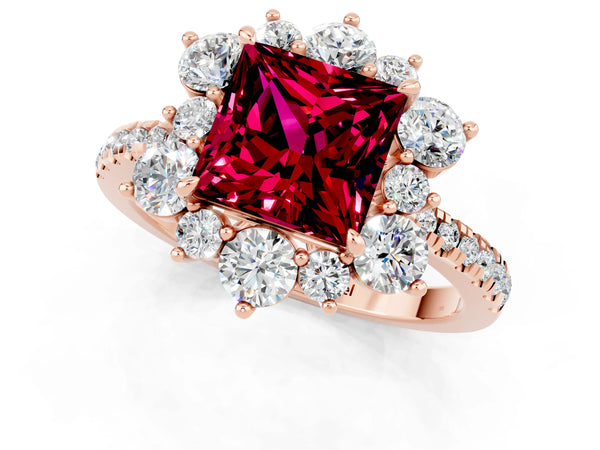 Rose gold Princess Cut Garnet Floral Halo Ring with Round Pavé Band and Prong Setting