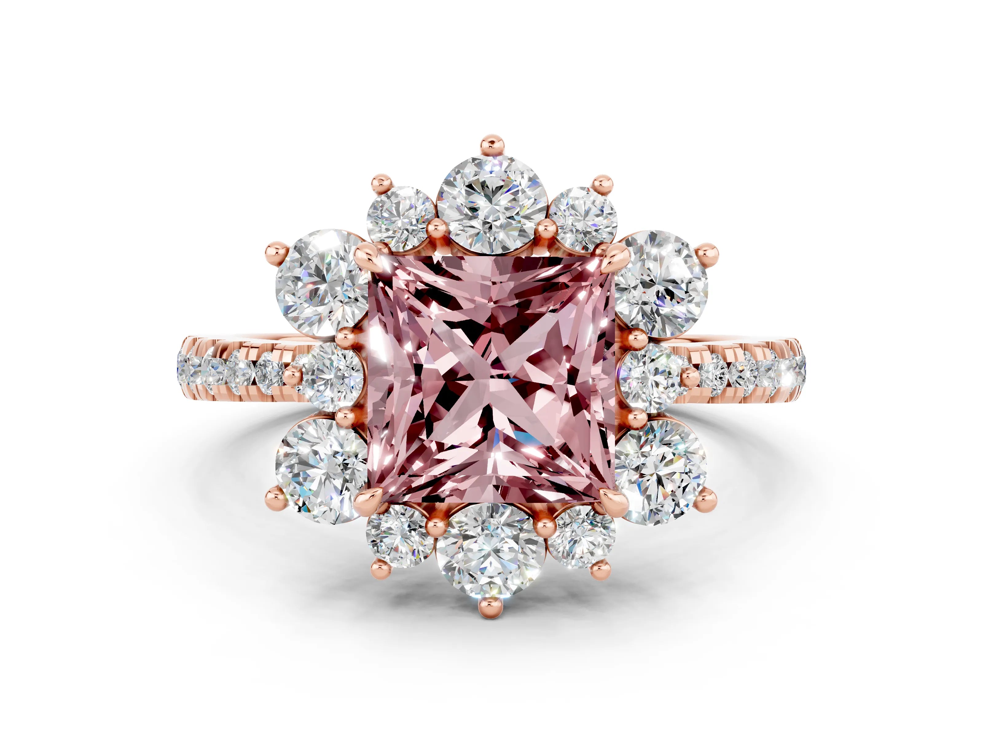 Rose gold Princess Cut Cut Diamond Floral Halo Pave Band with Prong Setting