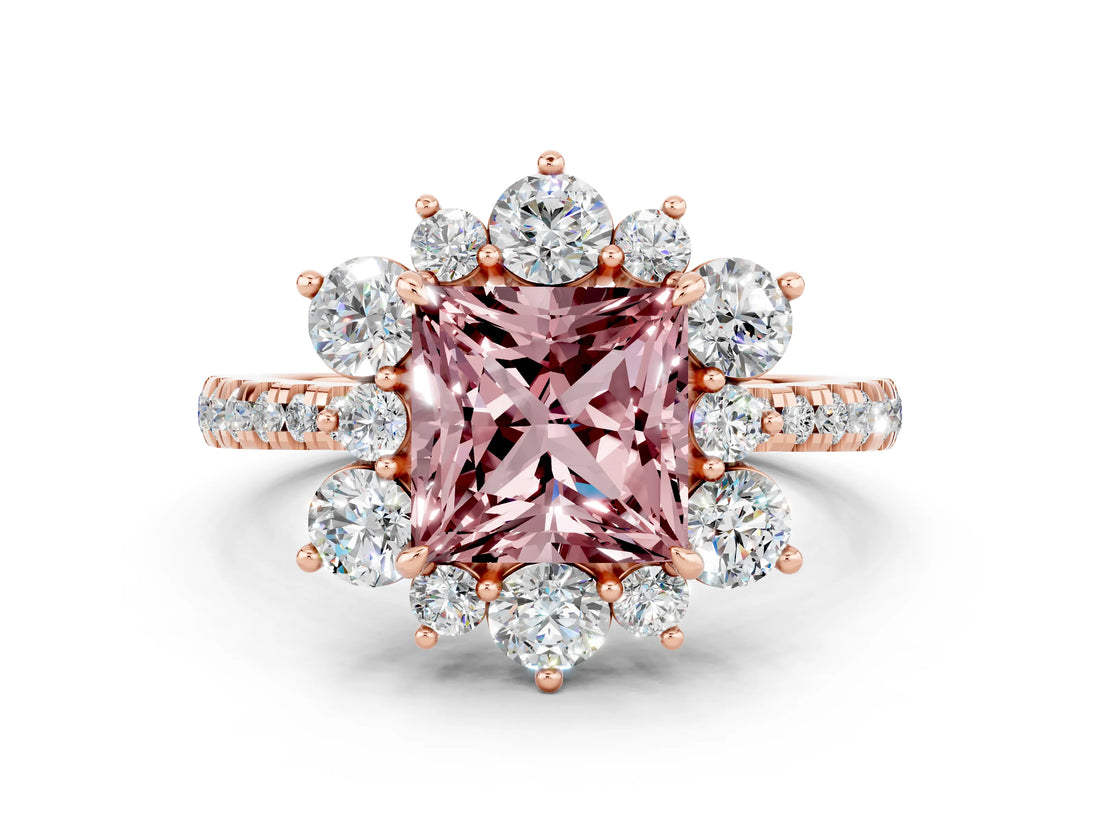 Rose gold Princess Cut Cut Diamond Floral Halo Pave Band with Prong Setting