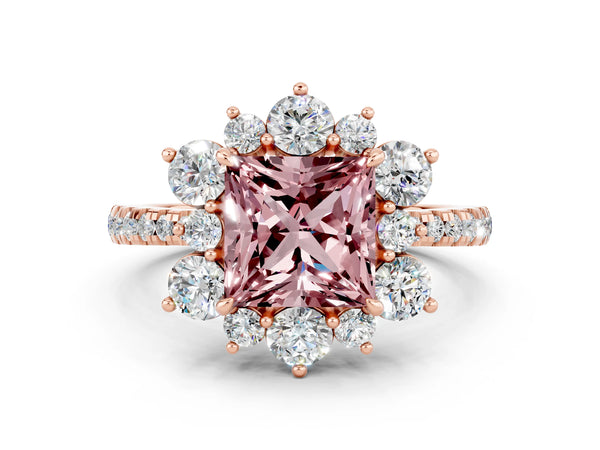 Rose gold Princess Cut Cut Diamond Floral Halo Pave Band with Prong Setting