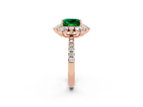 Rose gold Princess Cut Emerald Floral Halo Ring with Round Pavé Band and Prong Setting