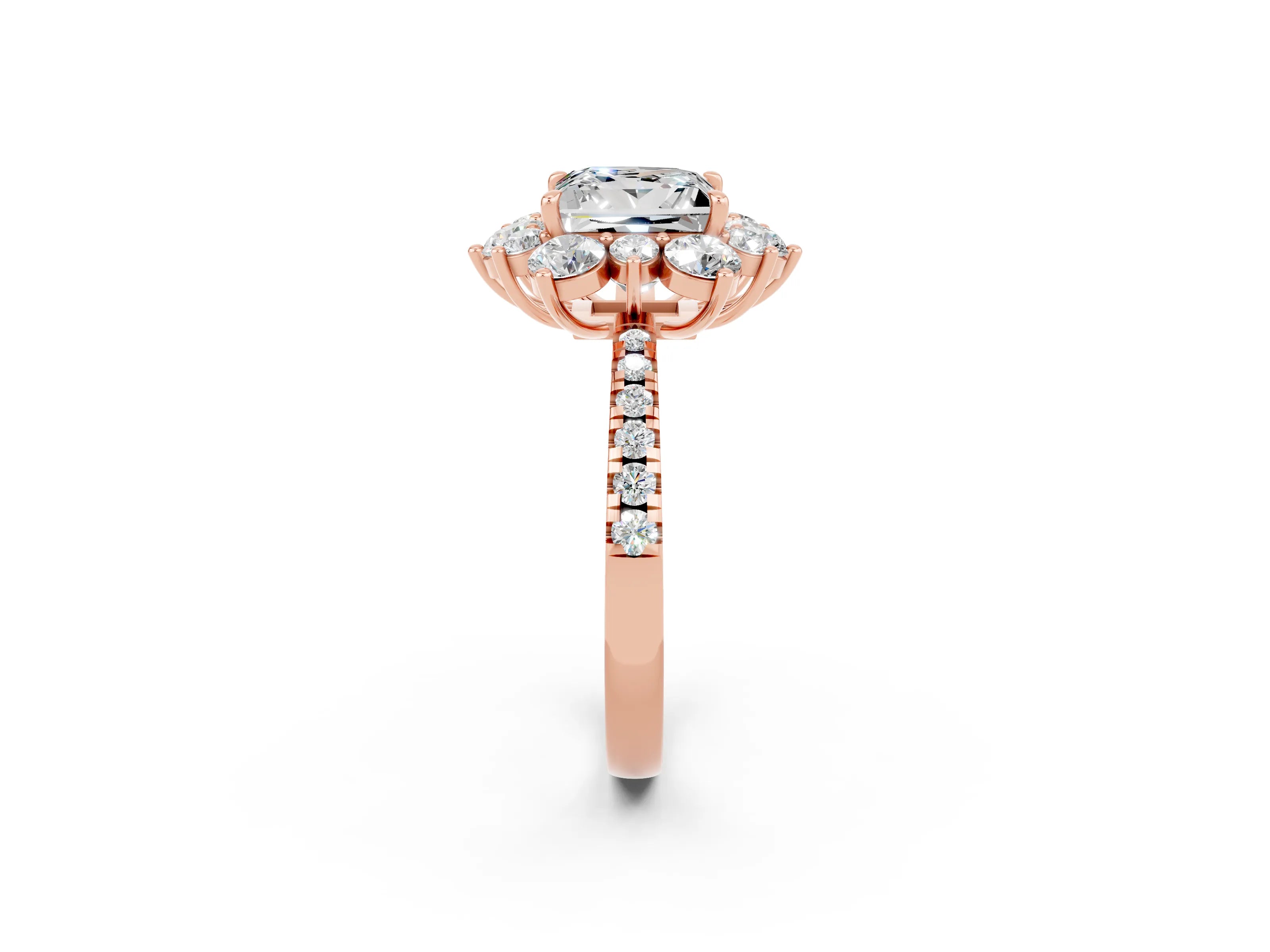 Rose gold Princess Cut Cut Diamond Floral Halo Pave Band with Prong Setting_2