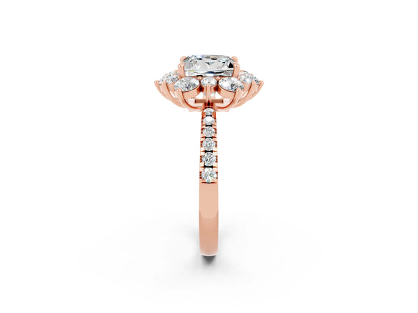 Rose gold Princess Cut Moissanite Floral Halo Ring with Round Pavé Band and Prong Setting