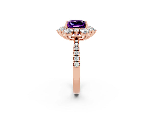 Rose gold Princess Cut Amethyst Floral Halo Ring with Round Pavé Band and Prong Setting