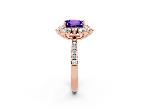 Rose gold Princess Cut Tanzanite Floral Halo Ring with Round Pavé Band and Prong Setting