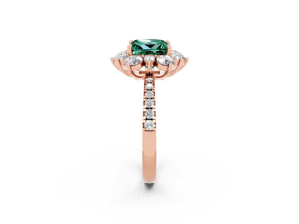 Rose gold Princess Cut Green Sapphire Floral Halo Ring with Round Pavé Band and Prong Setting