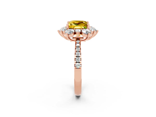 Rose gold Princess Cut Yellow Sapphire Floral Halo Ring with Round Pavé Band and Prong Setting