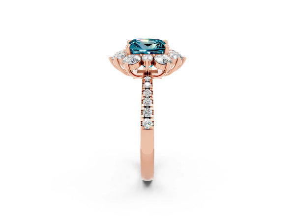 Rose gold Princess Cut Cut Diamond Floral Halo Pave Band with Prong Setting