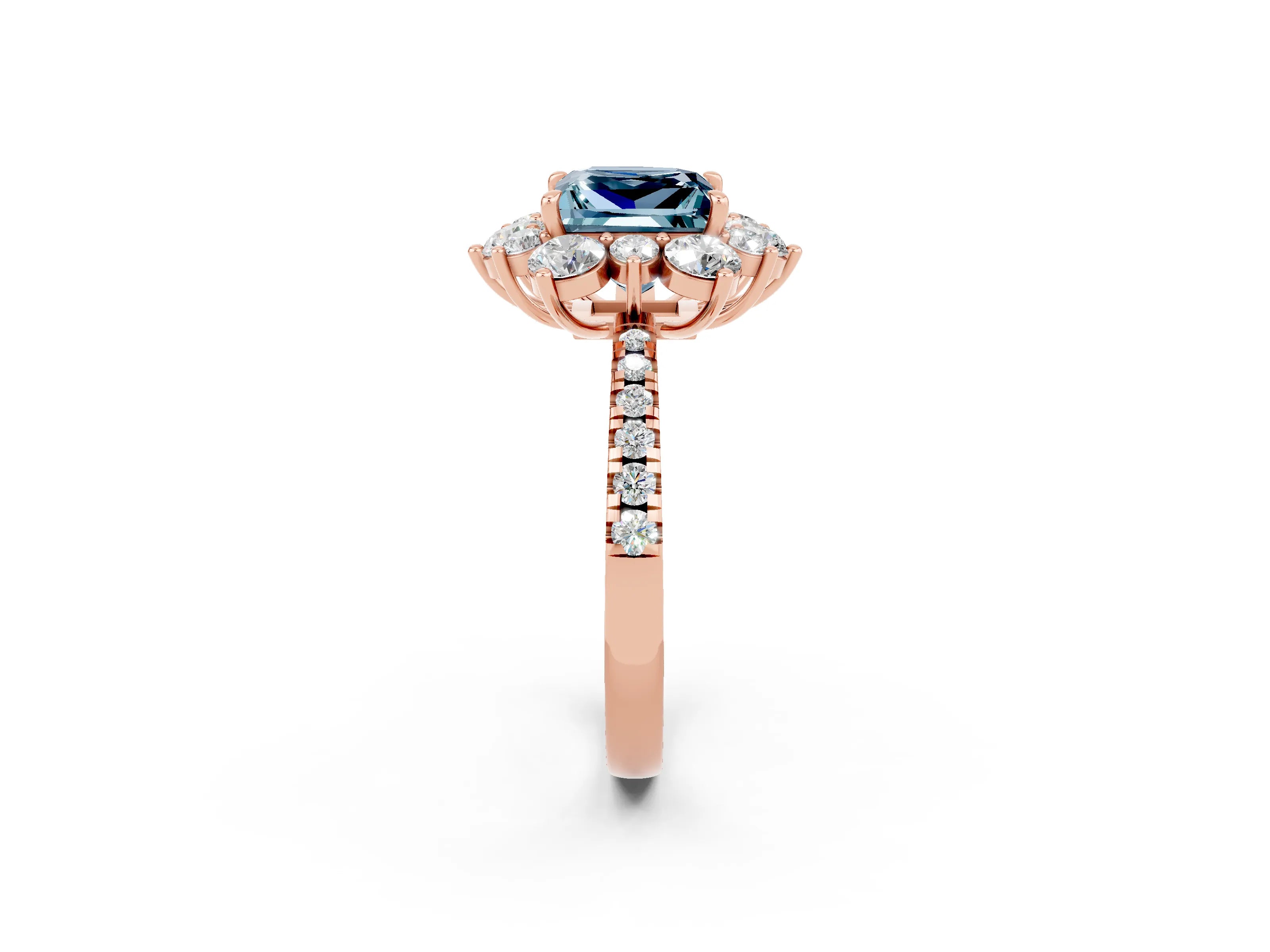 Rose gold Princess Cut Cut Diamond Floral Halo Pave Band with Prong Setting_2