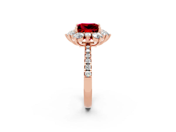 Rose gold Princess Cut Ruby Floral Halo Ring with Round Pavé Band and Prong Setting