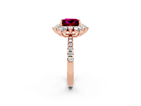 Rose gold Princess Cut Garnet Floral Halo Ring with Round Pavé Band and Prong Setting