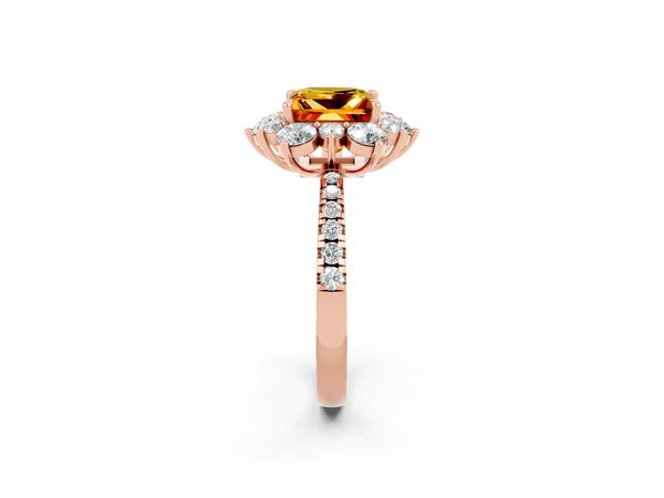 Rose gold Princess Cut Citrine Floral Halo Ring with Round Pavé Band and Prong Setting