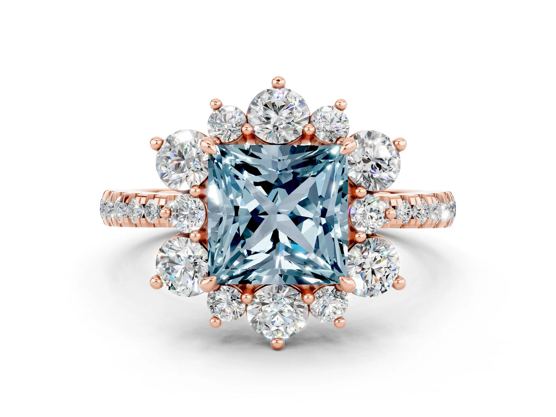 Rose gold Princess Cut Cut Diamond Floral Halo Pave Band with Prong Setting