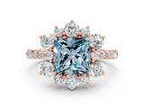 Rose gold Princess Cut Cut Diamond Floral Halo Pave Band with Prong Setting