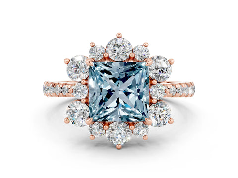 Rose gold Princess Cut Cut Diamond Floral Halo Pave Band with Prong Setting