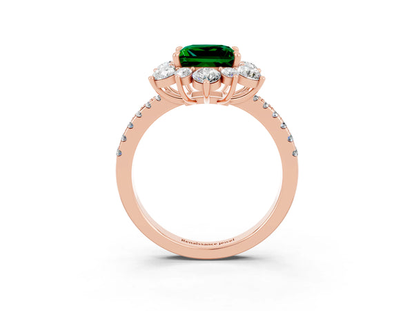 Rose gold Princess Cut Emerald Floral Halo Ring with Round Pavé Band and Prong Setting