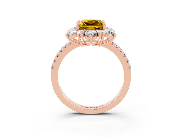 Rose gold Princess Cut Yellow Sapphire Floral Halo Ring with Round Pavé Band and Prong Setting