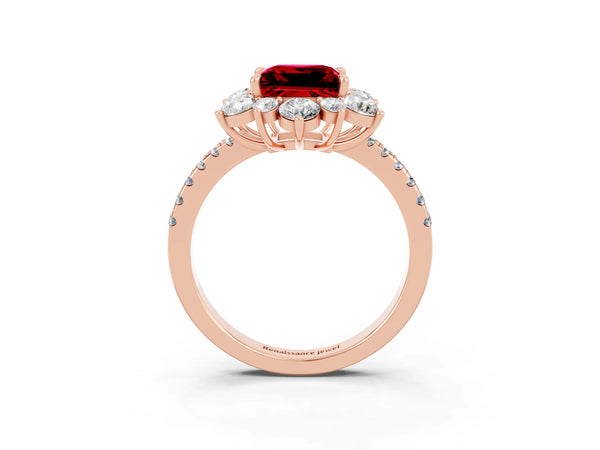 Rose gold Princess Cut Ruby Floral Halo Ring with Round Pavé Band and Prong Setting