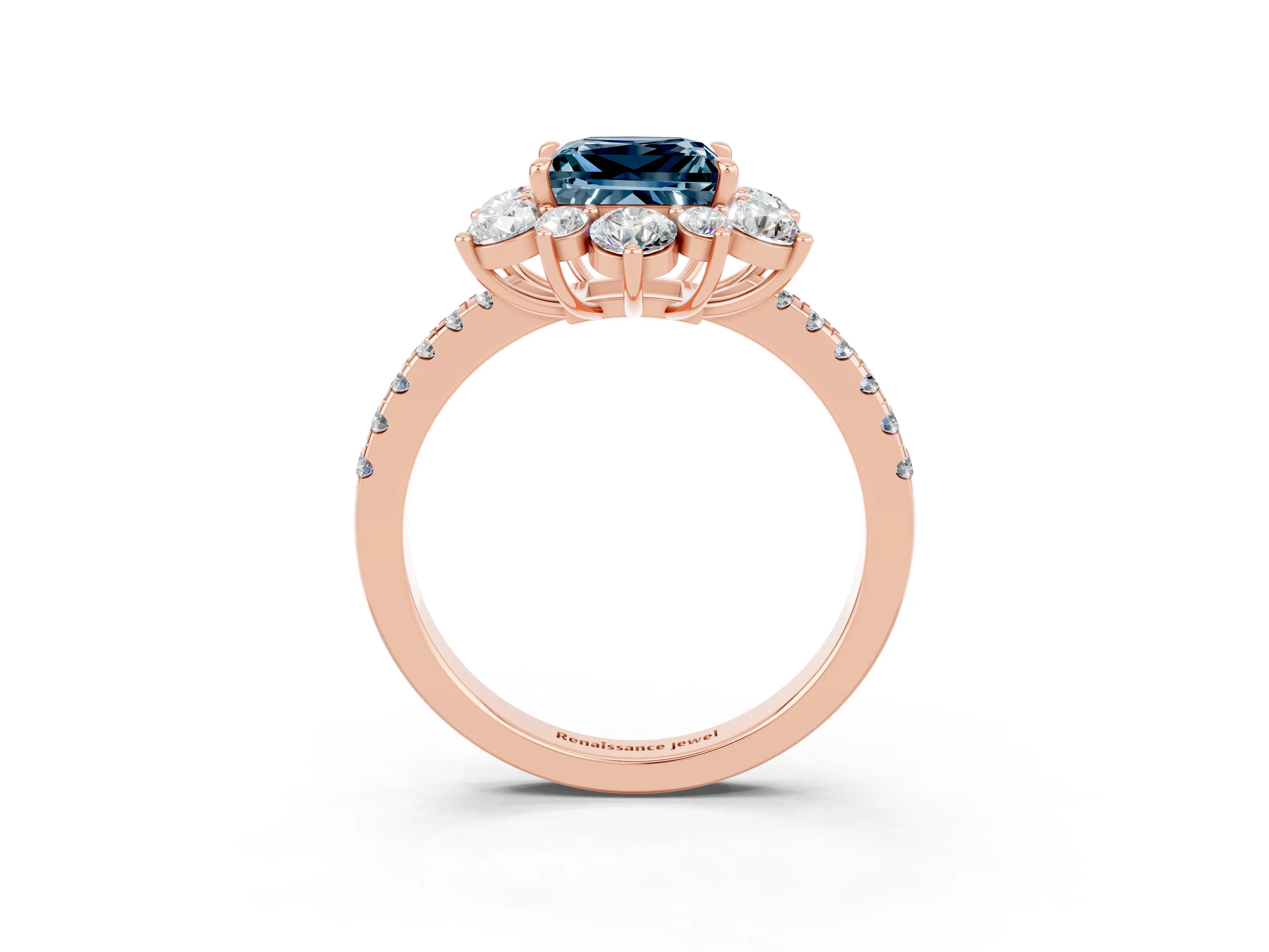 Rose gold Princess Cut Cut Diamond Floral Halo Pave Band with Prong Setting_3