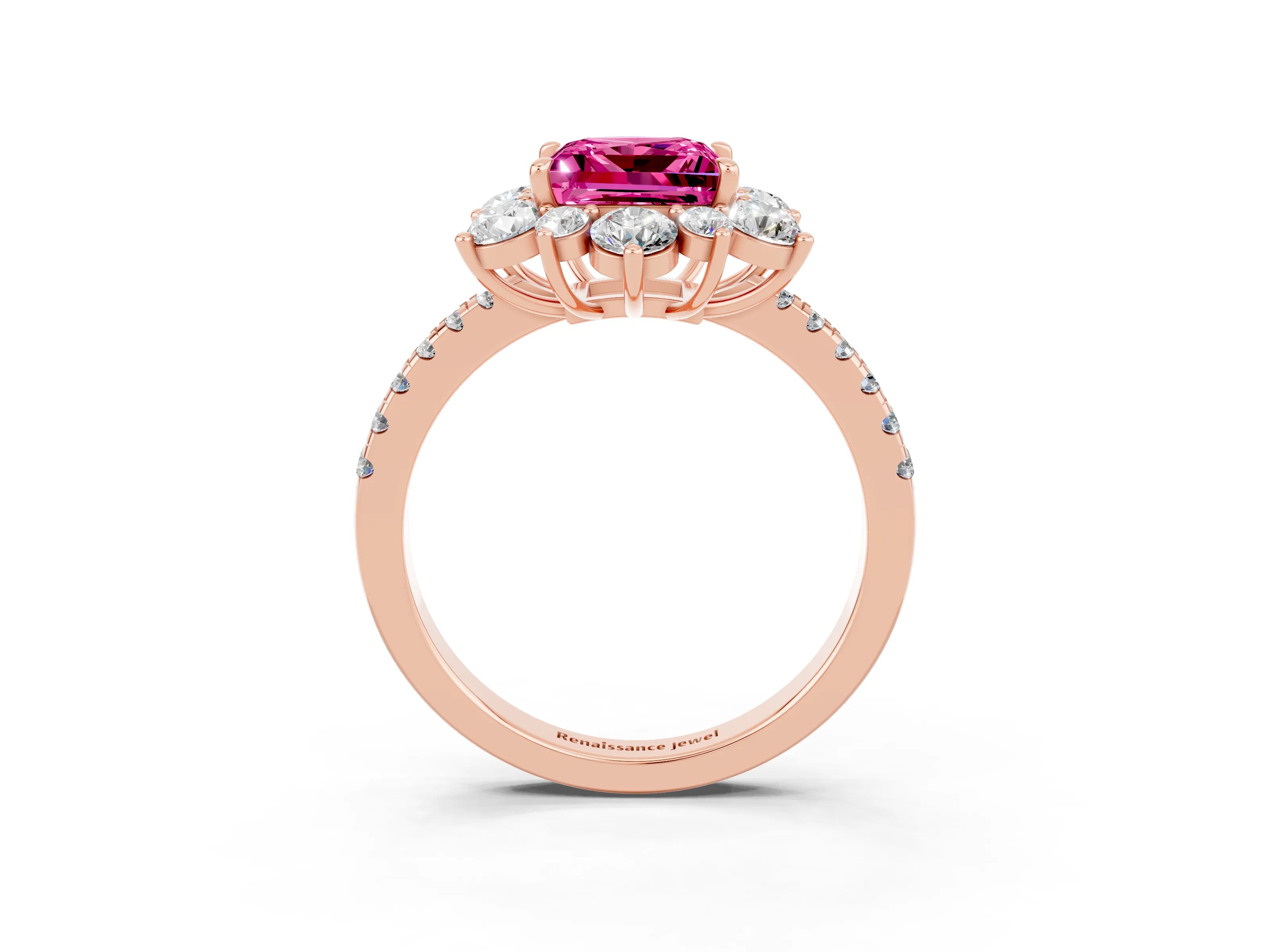 Rose gold Princess Cut Cut Diamond Floral Halo Pave Band with Prong Setting_3