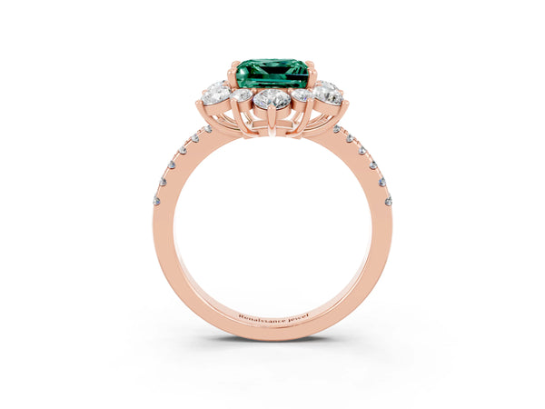 Rose gold Princess Cut Green Sapphire Floral Halo Ring with Round Pavé Band and Prong Setting