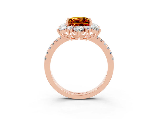 Rose gold Princess Cut Citrine Floral Halo Ring with Round Pavé Band and Prong Setting