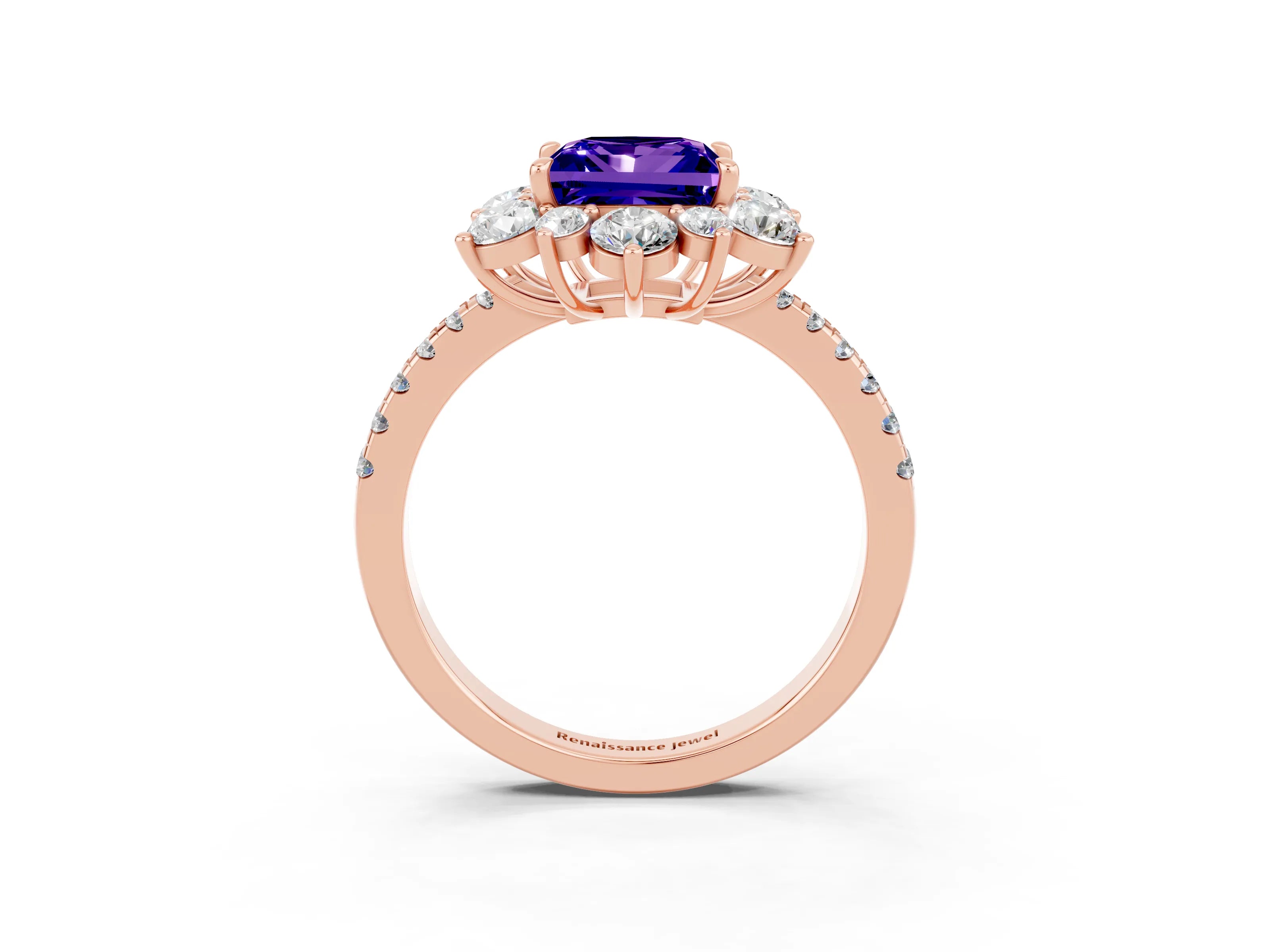 Rose gold Princess Cut Cut Diamond Floral Halo Pave Band with Prong Setting_3