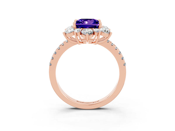 Rose gold Princess Cut Tanzanite Floral Halo Ring with Round Pavé Band and Prong Setting