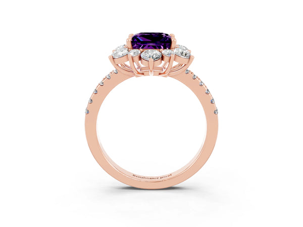 Rose gold Princess Cut Amethyst Floral Halo Ring with Round Pavé Band and Prong Setting