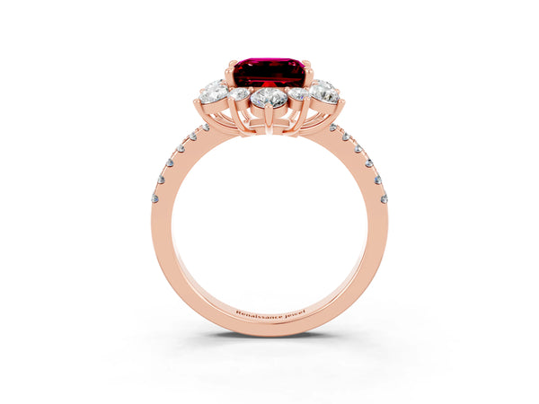 Rose gold Princess Cut Garnet Floral Halo Ring with Round Pavé Band and Prong Setting