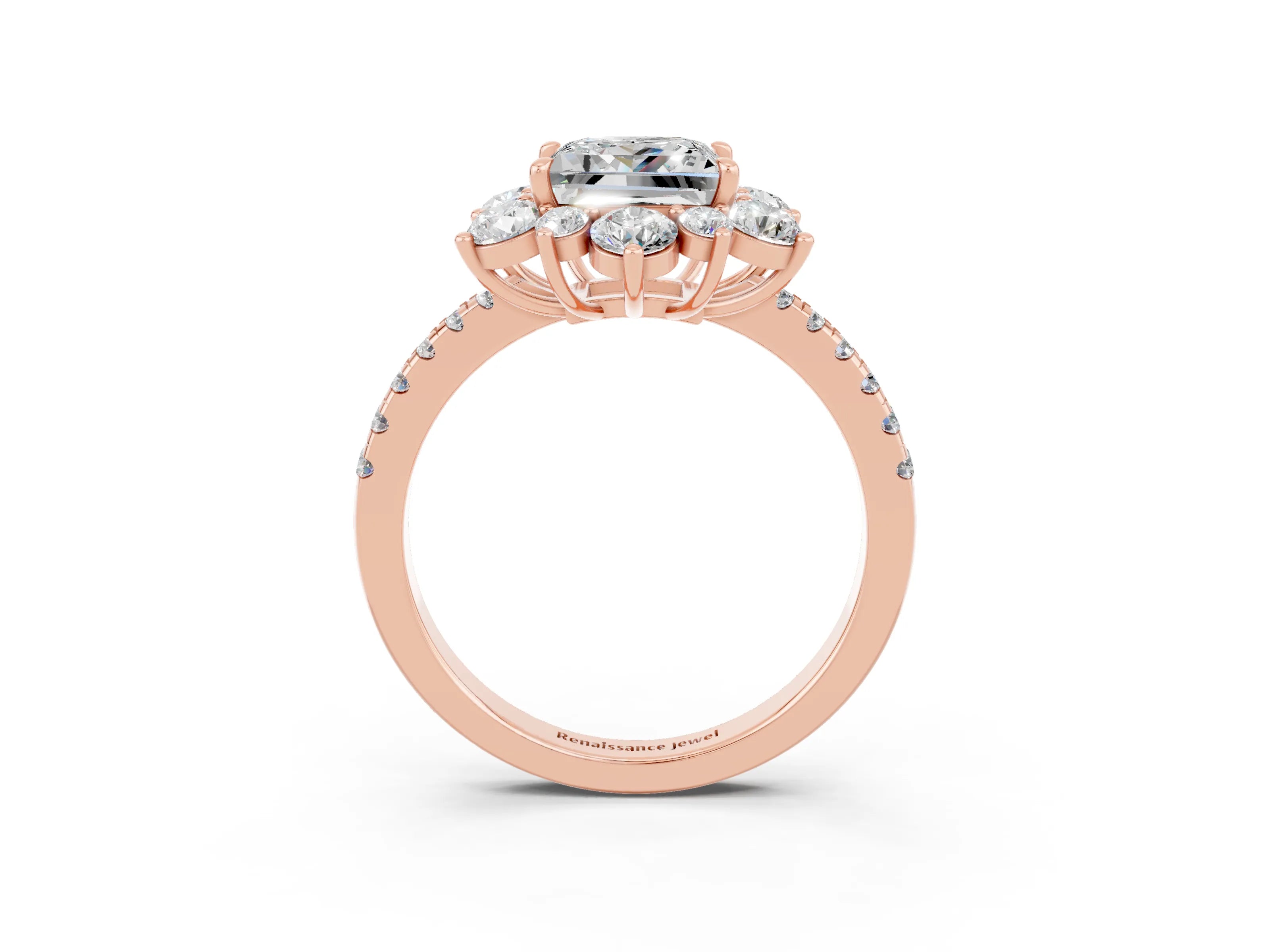 Rose gold Princess Cut Cut Diamond Floral Halo Pave Band with Prong Setting_3