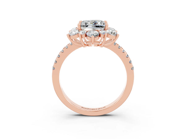 Rose gold Princess Cut Moissanite Floral Halo Ring with Round Pavé Band and Prong Setting