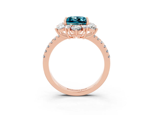 Rose gold Princess Cut Cut Diamond Floral Halo Pave Band with Prong Setting