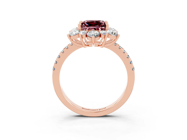 Rose gold Princess Cut Cut Diamond Floral Halo Pave Band with Prong Setting