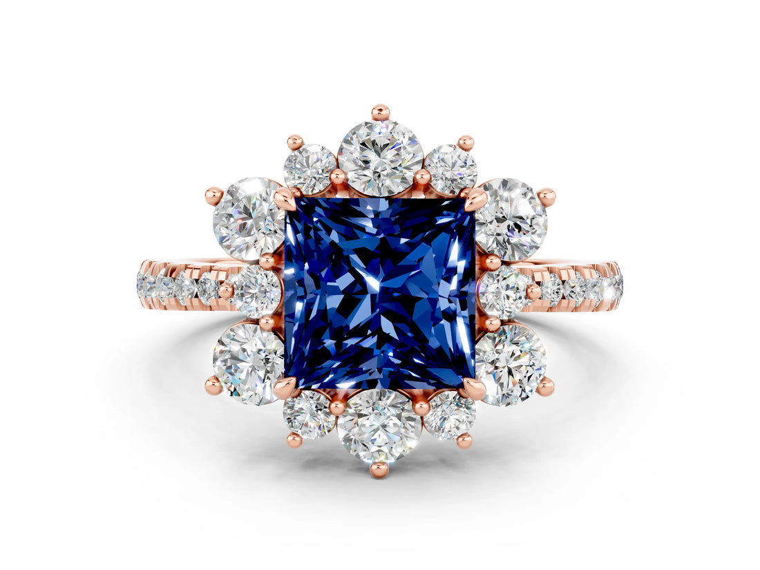 Rose gold Princess Cut Cut Diamond Floral Halo Pave Band with Prong Setting