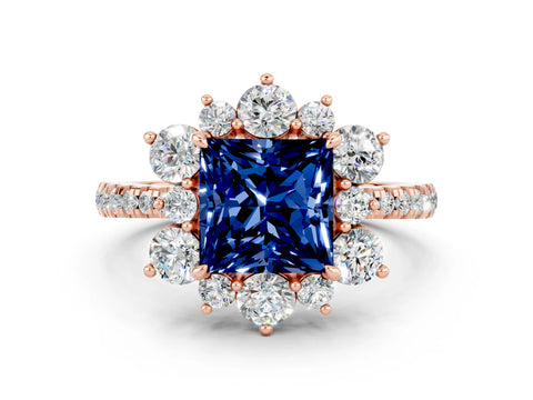 Rose gold Princess Cut Cut Diamond Floral Halo Pave Band with Prong Setting