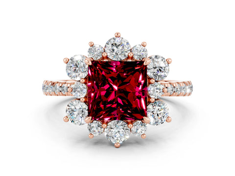 Rose gold Princess Cut Cut Diamond Floral Halo Pave Band with Prong Setting