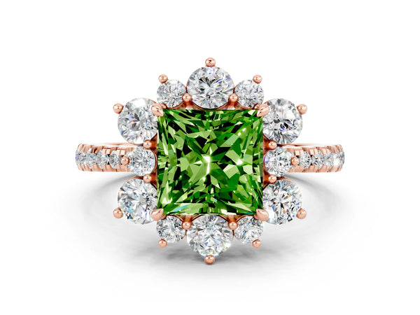 Rose gold Princess Cut Cut Diamond Floral Halo Pave Band with Prong Setting