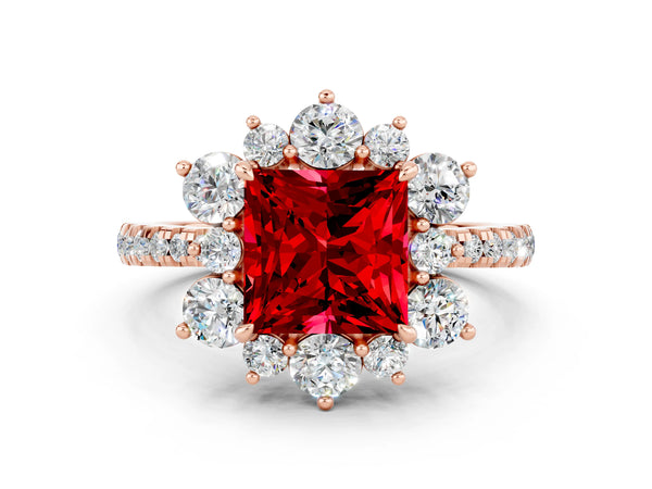 Rose gold Princess Cut Ruby Floral Halo Ring with Round Pavé Band and Prong Setting
