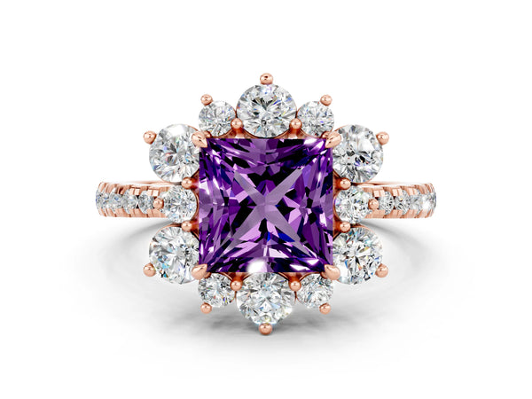 Rose gold Princess Cut Amethyst Floral Halo Ring with Round Pavé Band and Prong Setting
