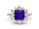 Rose gold Princess Cut Cut Diamond Floral Halo Pave Band with Prong Setting