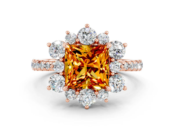 Rose gold Princess Cut Citrine Floral Halo Ring with Round Pavé Band and Prong Setting
